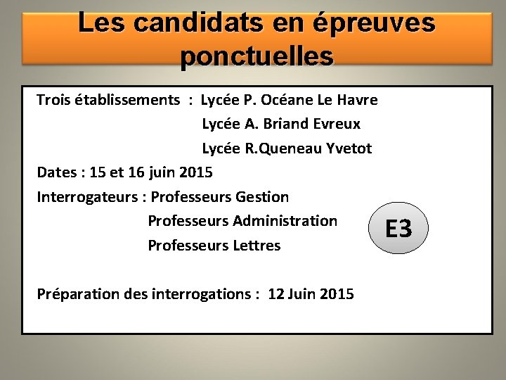 Les candidats en épreuves ponctuelles Trois établissements : Lycée P. Océane Le Havre Lycée