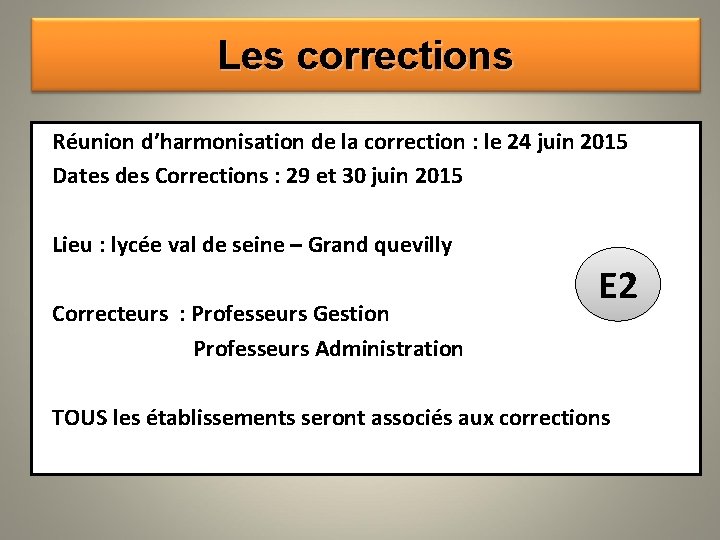 Les corrections Réunion d’harmonisation de la correction : le 24 juin 2015 Dates des