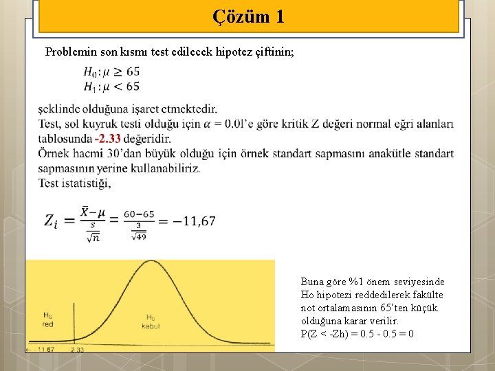 Çözüm 1 Problemin son kısmı test edilecek hipotez çiftinin; Buna göre %1 önem seviyesinde