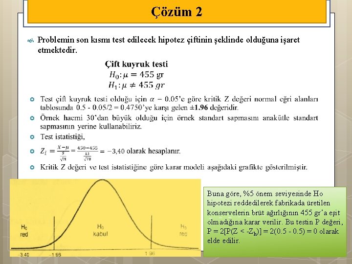 Çözüm 2 Problemin son kısmı test edilecek hipotez çiftinin şeklinde olduğuna işaret etmektedir. Buna