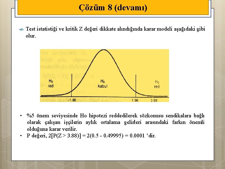 Çözüm 8 (devamı) Test istatistiği ve kritik Z değeri dikkate alındığında karar modeli aşağıdaki