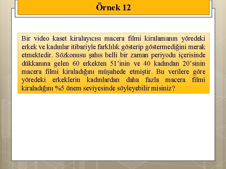 Örnek 12 Bir video kaset kiralayıcısı macera filmi kiralamanın yöredeki erkek ve kadınlar itibariyle
