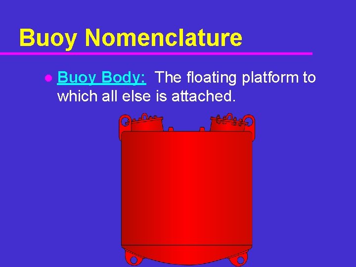 Buoy Nomenclature l Buoy Body: The floating platform to which all else is attached. Buoy Nomenclature l Buoy Body: The floating platform to which all else is attached.