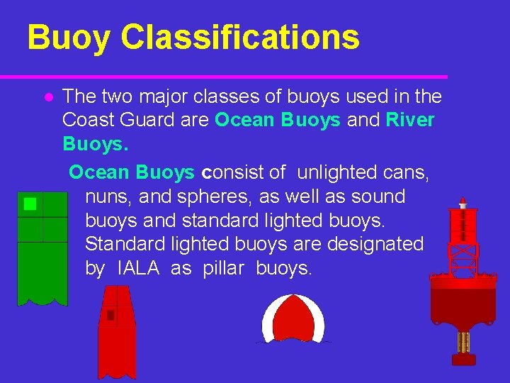 Buoy Classifications l The two major classes of buoys used in the Coast Guard Buoy Classifications l The two major classes of buoys used in the Coast Guard