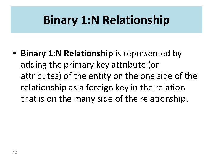 Binary 1: N Relationship • Binary 1: N Relationship is represented by adding the Binary 1: N Relationship • Binary 1: N Relationship is represented by adding the