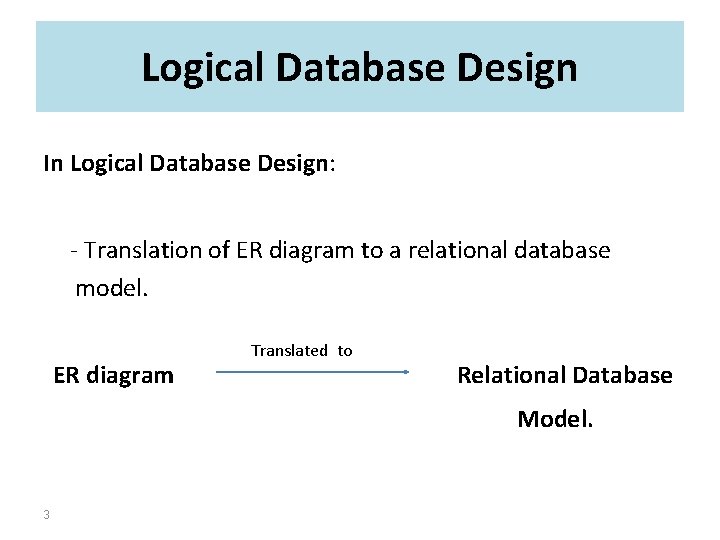 Logical Database Design In Logical Database Design: - Translation of ER diagram to a Logical Database Design In Logical Database Design: - Translation of ER diagram to a