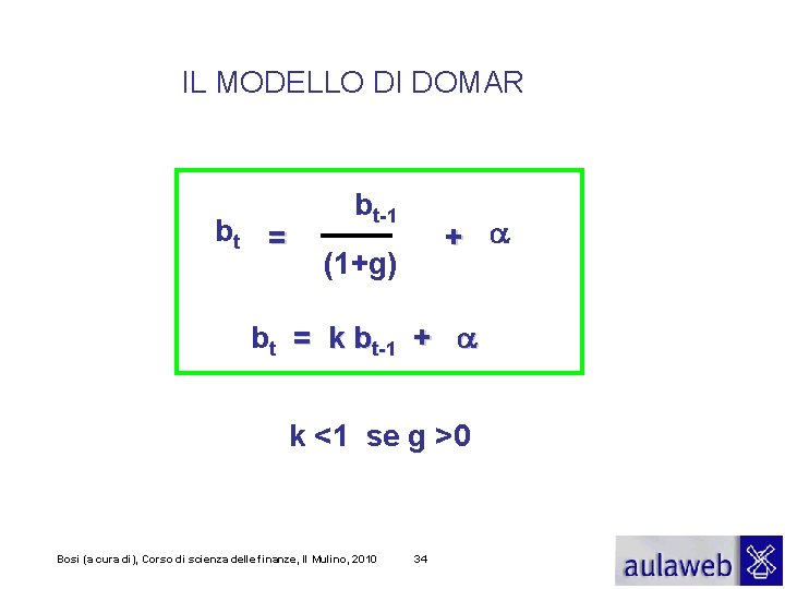 IL MODELLO DI DOMAR bt = bt-1 + a (1+g) bt = k bt-1