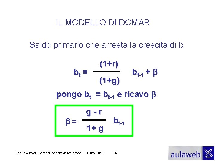 IL MODELLO DI DOMAR Saldo primario che arresta la crescita di b bt =