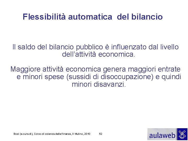 Flessibilità automatica del bilancio Il saldo del bilancio pubblico è influenzato dal livello dell’attività