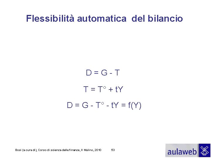 Flessibilità automatica del bilancio D=G-T T = T° + t. Y D = G