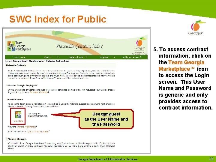 SWC Index for Public 5. To access contract information, click on the Team Georgia