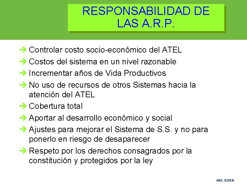 RESPONSABILIDAD DE LAS A. R. P. è Controlar costo socio-económico del ATEL è Costos