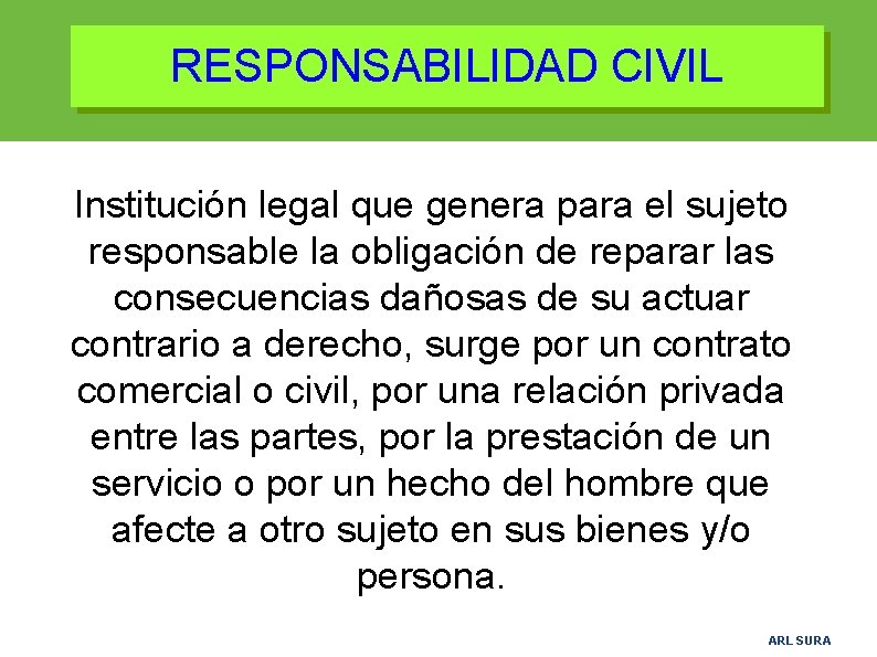 RESPONSABILIDAD CIVIL Institución legal que genera para el sujeto responsable la obligación de reparar