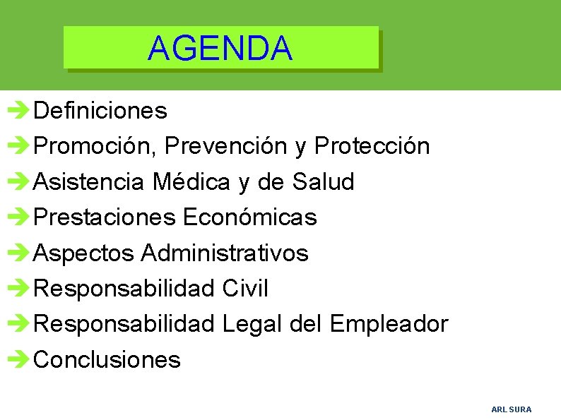 AGENDA èDefiniciones èPromoción, Prevención y Protección èAsistencia Médica y de Salud èPrestaciones Económicas èAspectos