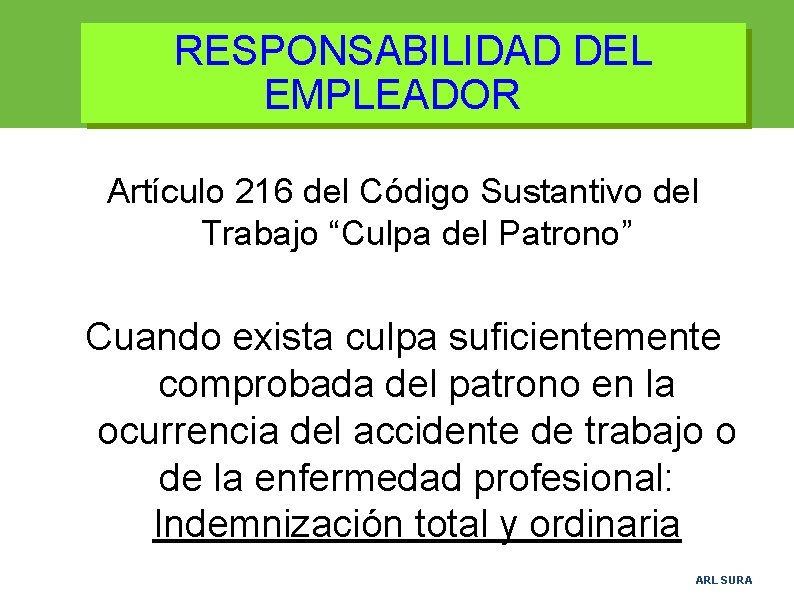 RESPONSABILIDAD DEL EMPLEADOR Artículo 216 del Código Sustantivo del Trabajo “Culpa del Patrono” Cuando