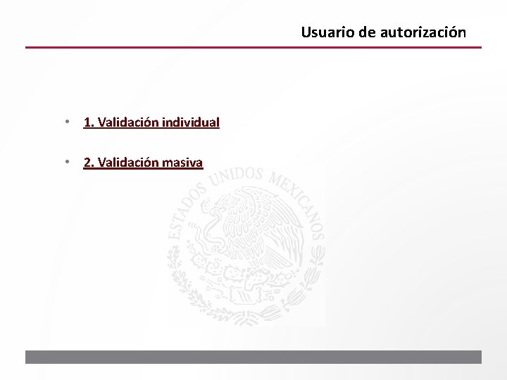 Usuario de autorización • 1. Validación individual • 2. Validación masiva 