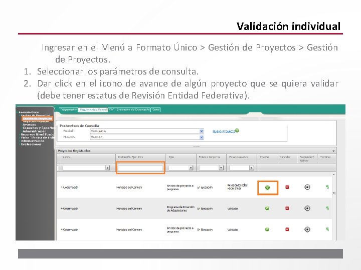 Validación individual Ingresar en el Menú a Formato Único > Gestión de Proyectos. 1.