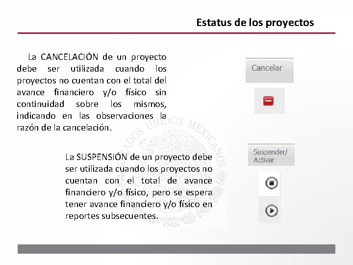 Estatus de los proyectos La CANCELACIÓN de un proyecto debe ser utilizada cuando los