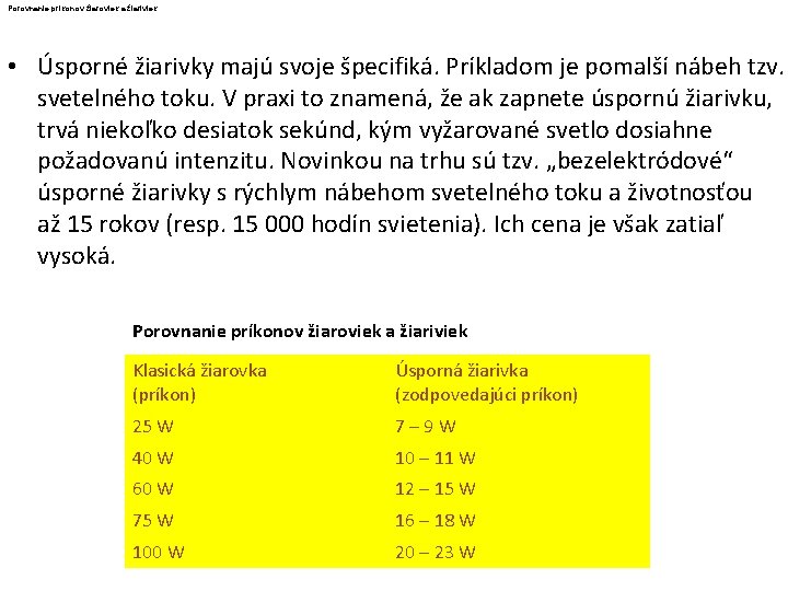 Porovnanie príkonov žiaroviek a žiariviek • Úsporné žiarivky majú svoje špecifiká. Príkladom je pomalší
