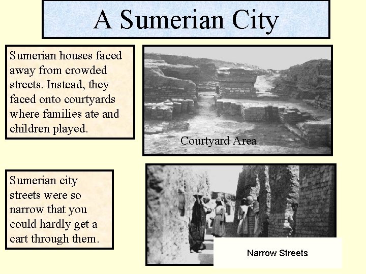 A Sumerian City Sumerian houses faced away from crowded streets. Instead, they faced onto