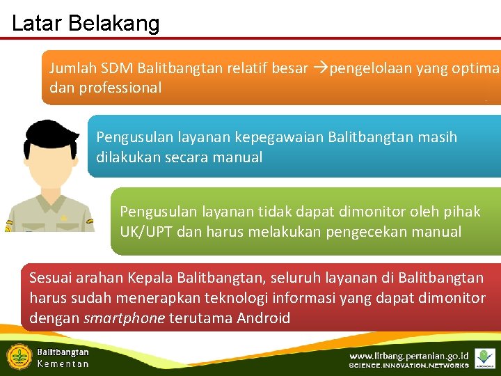 Latar Belakang Jumlah SDM Balitbangtan relatif besar pengelolaan yang optimal dan professional Pengusulan layanan