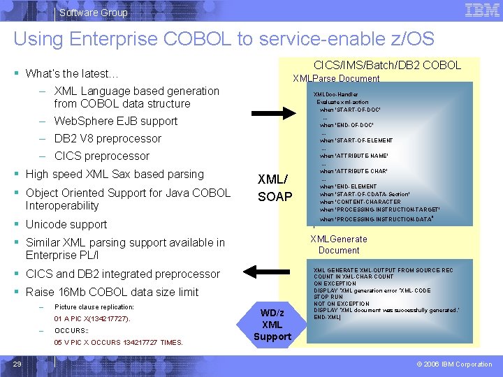 Software Group Using Enterprise COBOL to service-enable z/OS CICS/IMS/Batch/DB 2 COBOL § What’s the