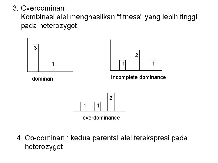 3. Overdominan Kombinasi alel menghasilkan “fitness” yang lebih tinggi pada heterozygot 3 2 1