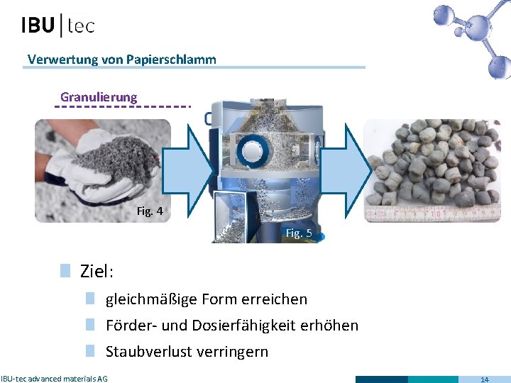 Verwertung von Papierschlamm Granulierung Fig. 4 Fig. 5 Ziel: gleichmäßige Form erreichen Förder- und