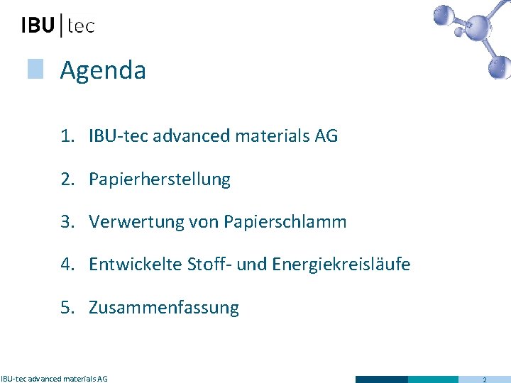 Agenda 1. IBU-tec advanced materials AG 2. Papierherstellung 3. Verwertung von Papierschlamm 4. Entwickelte