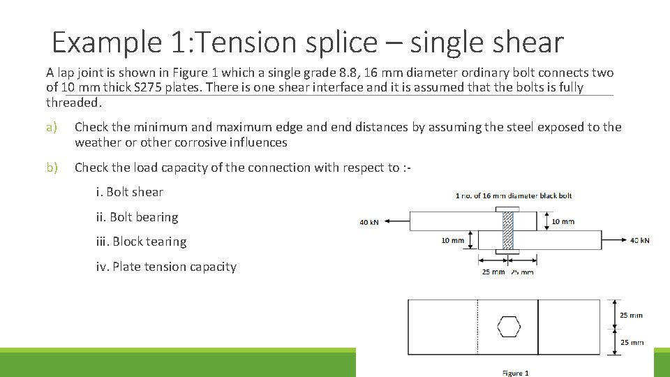 Example 1: Tension splice – single shear A lap joint is shown in Figure