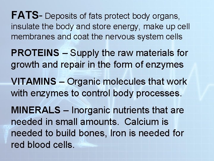 FATS- Deposits of fats protect body organs, insulate the body and store energy, make FATS- Deposits of fats protect body organs, insulate the body and store energy, make
