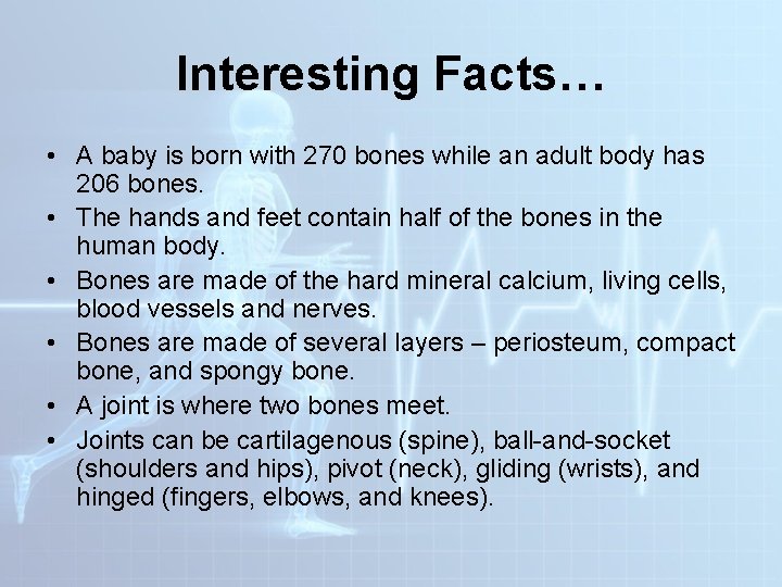 Interesting Facts… • A baby is born with 270 bones while an adult body Interesting Facts… • A baby is born with 270 bones while an adult body