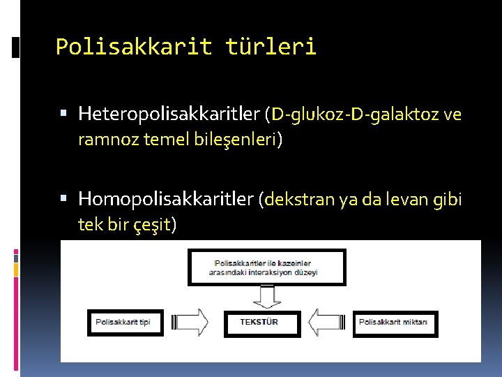 Polisakkarit türleri Heteropolisakkaritler (D-glukoz-D-galaktoz ve ramnoz temel bileşenleri) Homopolisakkaritler (dekstran ya da levan gibi