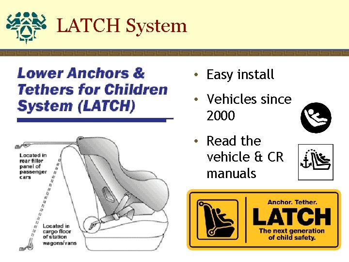 LATCH System • Easy install • Vehicles since 2000 • Read the vehicle &