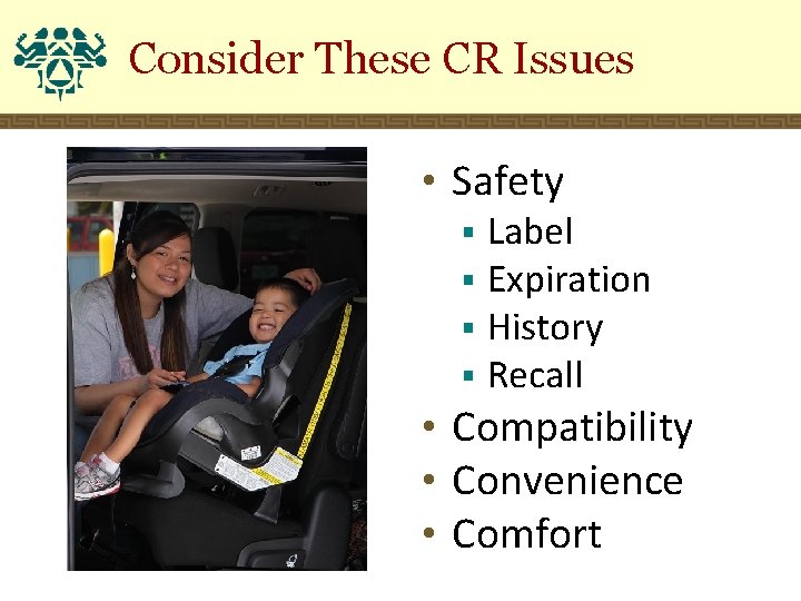 Consider These CR Issues • Safety § § Label Expiration History Recall • Compatibility