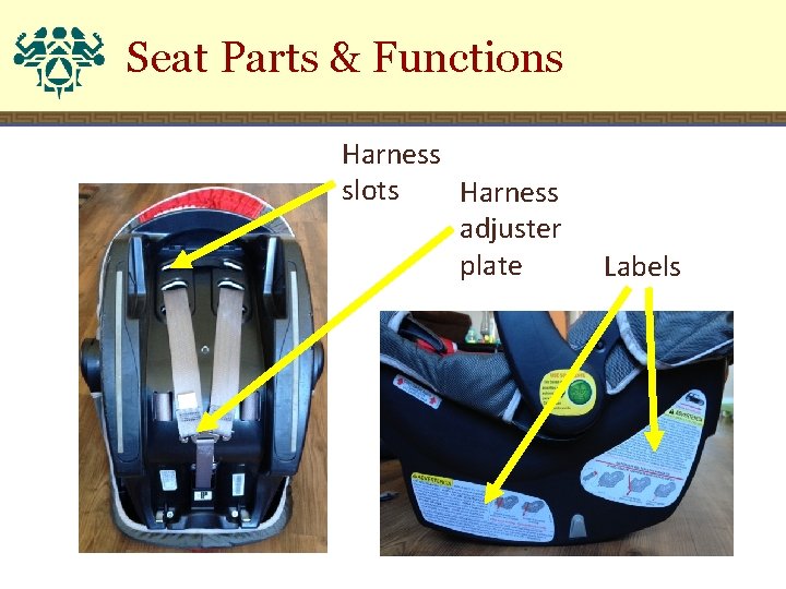 Seat Parts & Functions Harness slots Harness adjuster plate Labels 