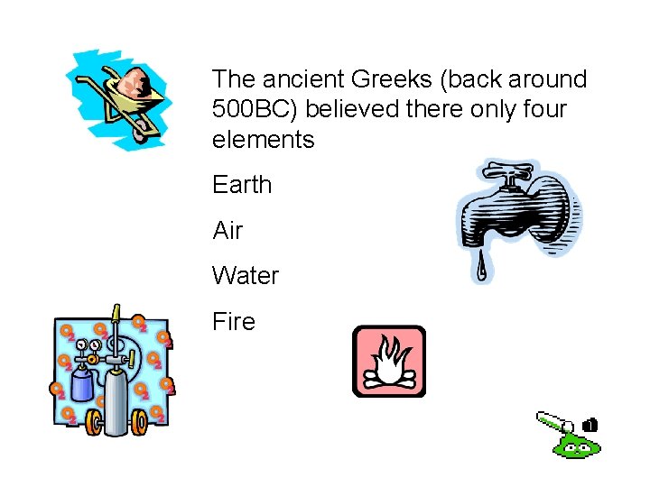 The ancient Greeks (back around 500 BC) believed there only four elements Earth Air