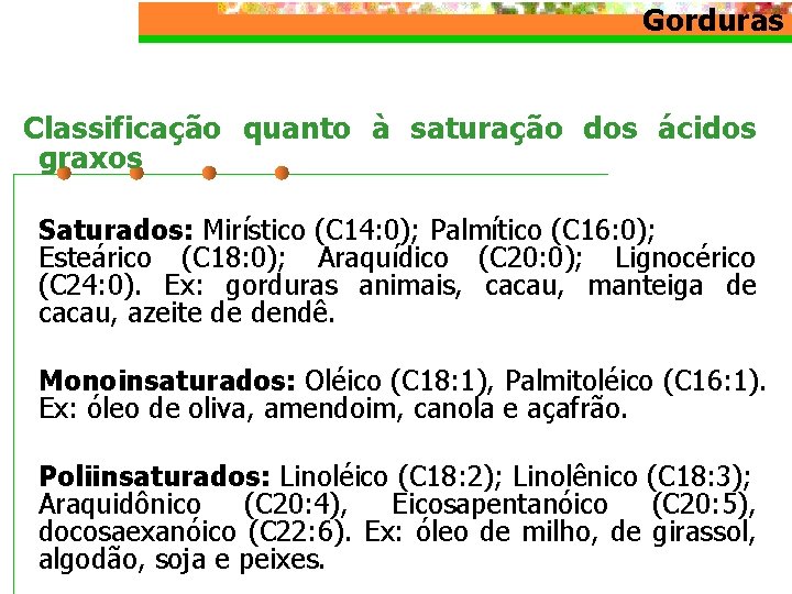 Gorduras Classificação quanto à saturação dos ácidos graxos Saturados: Mirístico (C 14: 0); Palmítico