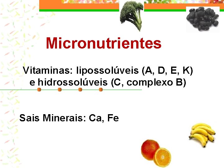 Micronutrientes Vitaminas: lipossolúveis (A, D, E, K) e hidrossolúveis (C, complexo B) Sais Minerais: