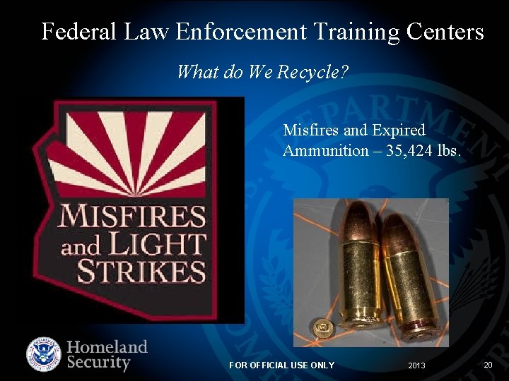 Federal Law Enforcement Training Centers What do We Recycle? Misfires and Expired Ammunition –