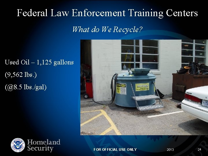 Federal Law Enforcement Training Centers What do We Recycle? Used Oil – 1, 125