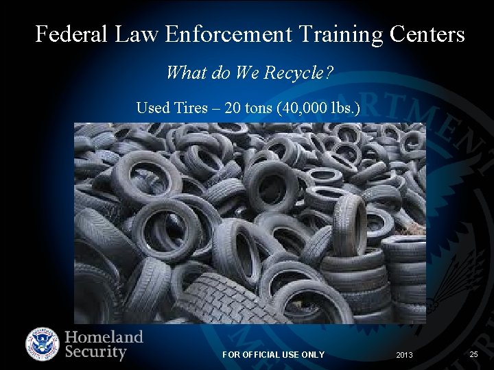 Federal Law Enforcement Training Centers What do We Recycle? Used Tires – 20 tons