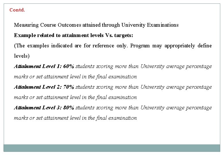 Contd. Measuring Course Outcomes attained through University Examinations Example related to attainment levels Vs.