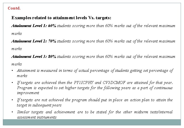 Contd. Examples related to attainment levels Vs. targets: Attainment Level 1: 60% students scoring