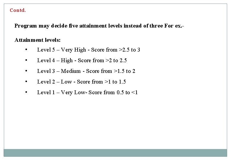 Contd. Program may decide five attainment levels instead of three For ex. - Attainment