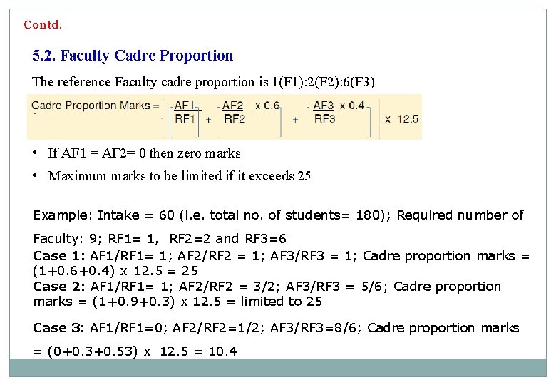 Contd. 5. 2. Faculty Cadre Proportion The reference Faculty cadre proportion is 1(F 1):