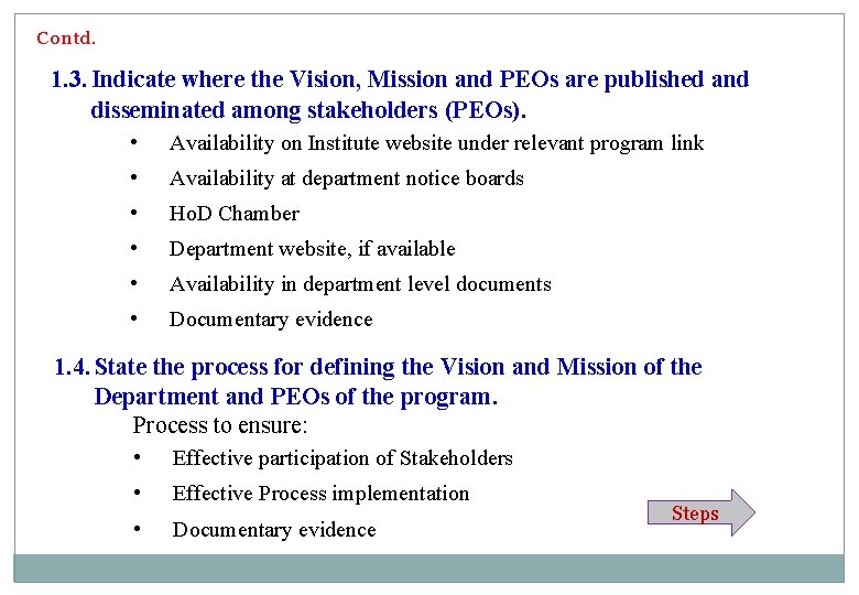 Contd. 1. 3. Indicate where the Vision, Mission and PEOs are published and disseminated