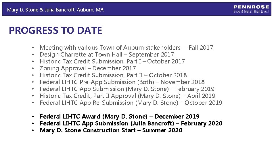 Mary D. Stone & Julia Bancroft, Auburn, MA PROGRESS TO DATE • • •