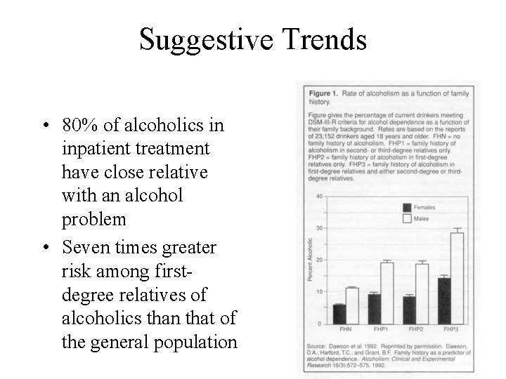 Suggestive Trends • 80% of alcoholics in inpatient treatment have close relative with an
