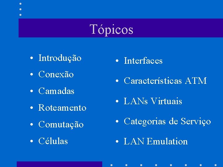 Tópicos • Introdução • Conexão • Camadas • Roteamento • Interfaces • Características ATM